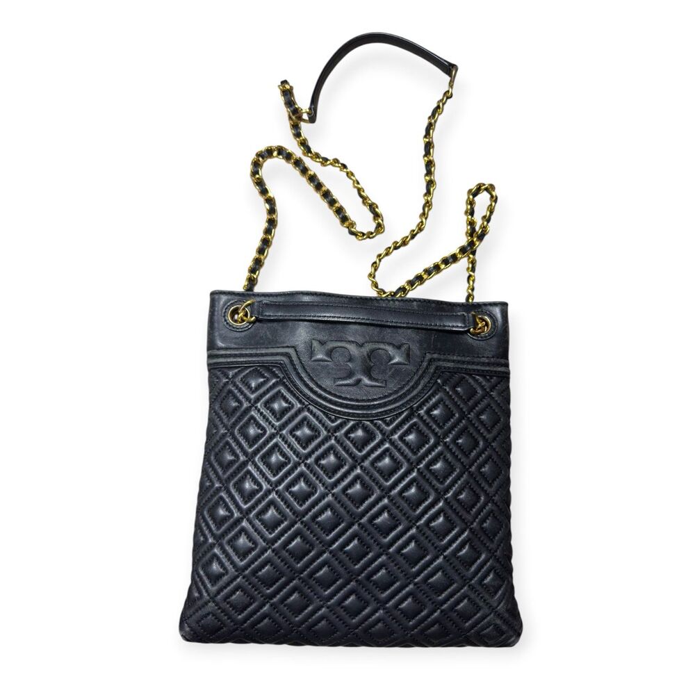Tory Burch Black Fleming Swingpack Crossbody Leather Gold Chain Strap VTG